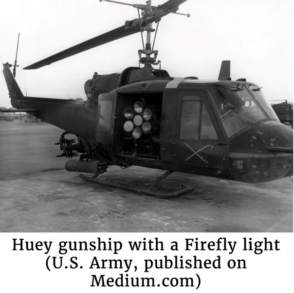 Photo of a Huey gunship with a Firefly light (U.S. Army, published on Medium.com)